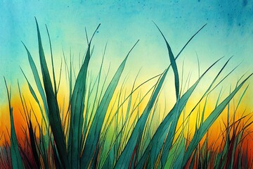 Watercolor field grass. Hand drawn plants. For interior printing, mural art.
