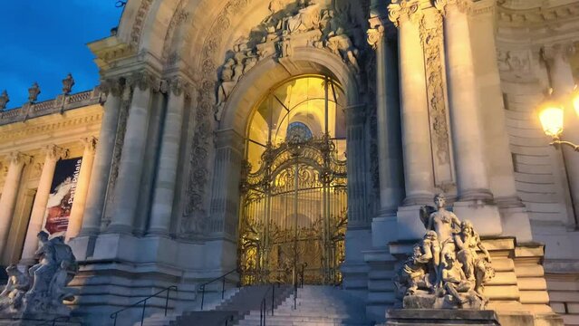 Petit Palais Art Museum Illuminated At Night In Paris, France. - pan down