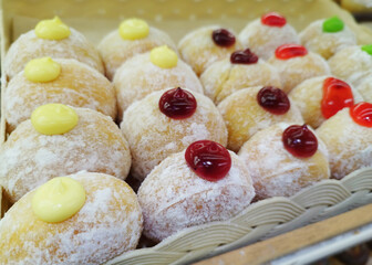 Delicious Homemade Jam Doughnuts With Icing Sugar, Fluffy donuts Powdered Sugar.
