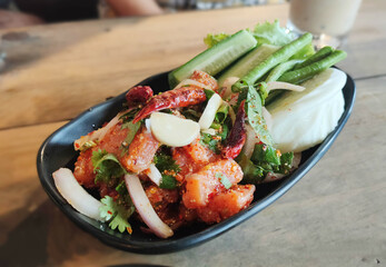 Thai Food Salmon Larb. Spicy Salmon Salad.