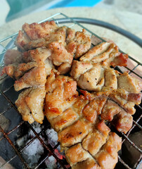 Grilled pork Smoked Grilled Smoked Pork Chops Barbecue. Charcoal Grilled Pork Camping dish.