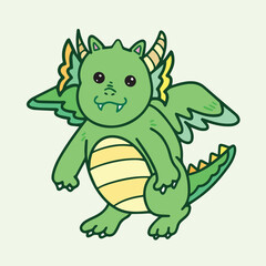 Obraz premium Cute green kawaii dragon character mascot with wings and horns. Cartoon style vector illustration drawing with flat color and clean line art