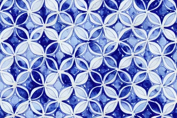 Cercles muraux Portugal carreaux de céramique Seamless moroccan pattern. Square vintage tile. Blue and white watercolor ornament painted with paint on paper. Handmade. Print for textiles. Seth grunge texture.