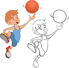 Vector Illustration of Cute Little Boy. Basketball player. Coloring Book. 