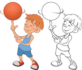 Vector Illustration of Cute Little Boy. Basketball player. Coloring Book. 
