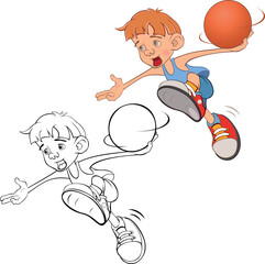 Vector Illustration of Cute Little Boy. Basketball player. Coloring Book. 