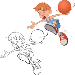 Foto op Canvas Vector Illustration of Cute Little Boy. Basketball player. Coloring Book.  © liusa