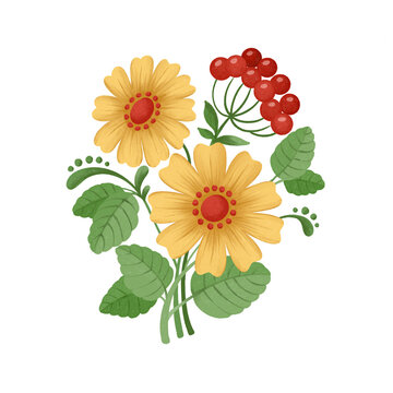 A stylized bouquet in folk style, yellow daisies with a bunch of red berries. Watercolor drawing on isolated background