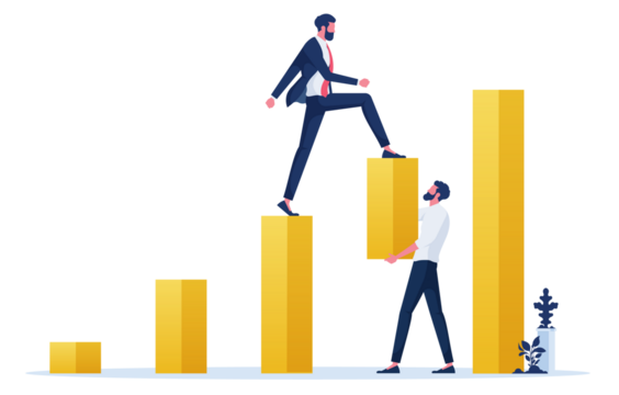 Businessman helping each other. Business man holding the bridge while another businessman crossing on the top