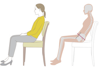 背もたれにもたれて椅子に座る女性と骨格図