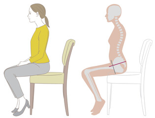 反り腰で椅子に座る女性と骨格図 - obrazy, fototapety, plakaty