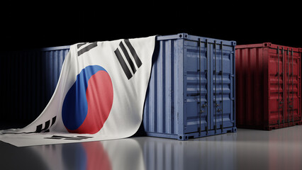 south korea national flag and container box, 3d rendering - obrazy, fototapety, plakaty