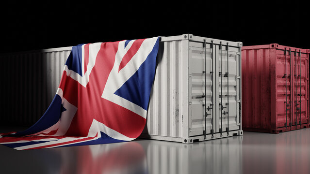 great britain flag and container box, 3d rendering