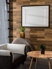 3D illustration Mockup photo frame in living room rendering