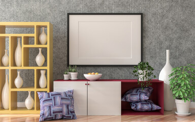 3D illustration mockup blank photo frame in living room rendering