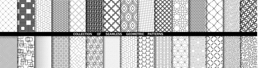 Set of geometric seamless black and white patterns. Collection of geometric vector abstract ornament. Set of modern simpless backgrounds with repeating elements