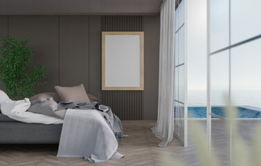 3D mockup blank photo frame in bedroom at pool villa