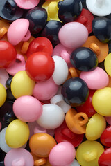 pile of colorful buttons, macro full frame background texture, close-up abstract