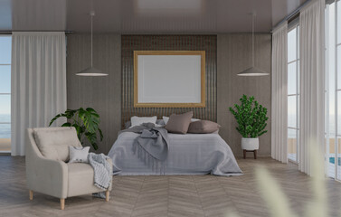 3D mockup blank photo frame in bedroom at pool villa