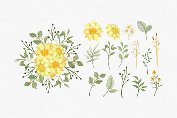 Set of flower green yellow and leaf isolated clip-art