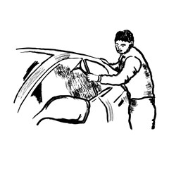 Hand drawn illustration of man washing cleaning car automobile. Car scraping service, window clean wash. Black line ink sketch.
