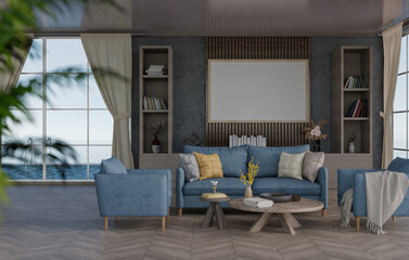 3D mockup blank photo frame in living room rendering