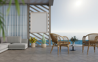 3D mockup blank photo frame on panel near swimming pool