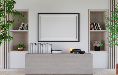 3D mockup blank photo frame in living room rendering