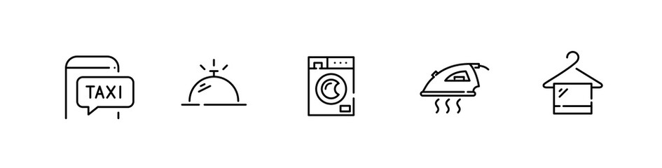 5 hotel and accommodation icons. Taxi, room service, washing machine, iron and laundry. Pixel perfect, editable stroke