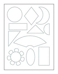 geometric shapes continue the pattern with pen, dotted line practice worksheet for preschoolers