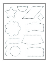 geometric shapes continue the pattern with pen, dotted line practice worksheet for preschoolers