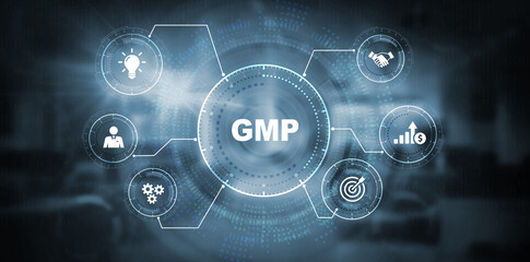 Good manufacturing practice certification quality control on virtual screen. GMP. 3d illustration