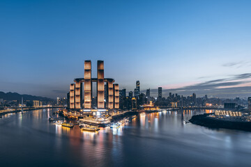 High angle night view of Chaotianmen Wharf in Chongqing, China