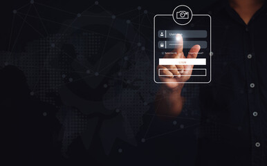 Concept of cyber security, login, password, information security and encryption, Man using login...