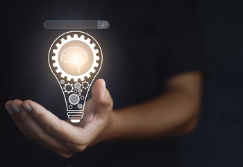 Search Browsing Internet web, cyberspace and technology Concept.  Man using search button on...