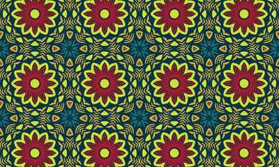 Round circle floral Pattern, batik print, fabric print design, Seamless repeated pattern design. Women's long dress pattern design, red, olive navy, vector vintage art illustration