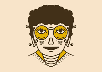 Vintage art illustration of a curly girl face wearing big round glasses