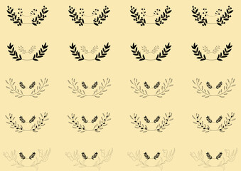 Set of handmade Greek wreaths and heraldic round elements with a black circular silhouette Floral or ornament design
