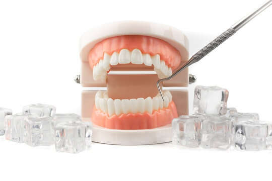 Tooth model with ice cubes and dental scaling tools isolated on white background with clipping path, the concept of treating sensitive teeth