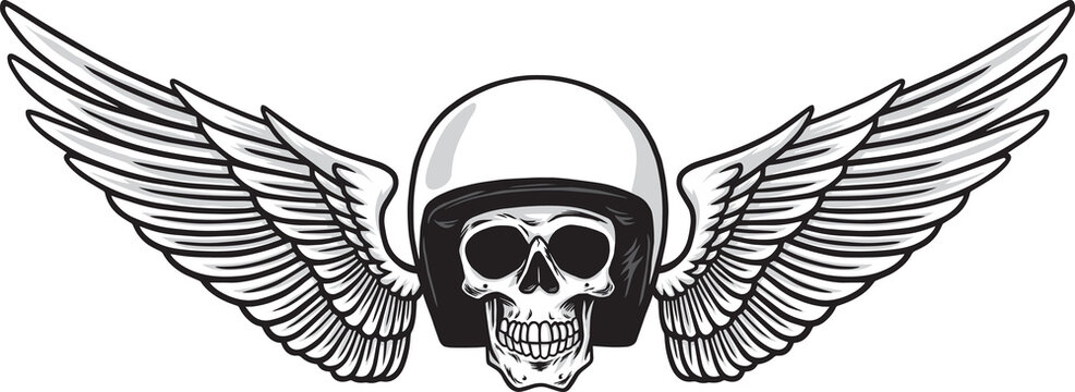 Skull Helmet Wings Vintage Motorcycle Monochrome Design for T-shirt Graphics. Biker and Motorcycle Emblem