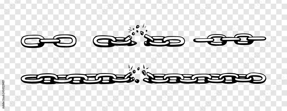 Poster broken chain with shatters as symbol of strength and freedom. sketch of metal chains. vector illustr