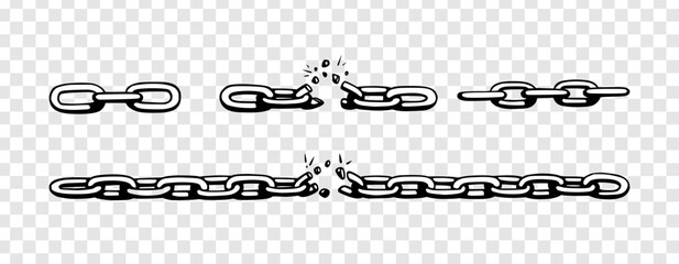 Broken chain with shatters as symbol of strength and freedom. Sketch of metal chains. Vector illustration isolated in transparent background