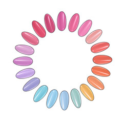 Circular color palette for nail extensions. Gel manicure polish, samples of colors, colorful tips. Logo for designers, masters, stores, beauty salons, typography, business cards, websites, brochures.