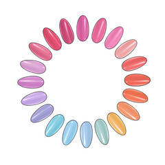 Obraz premium Circular color palette for nail extensions. Gel manicure polish, samples of colors, colorful tips. Logo for designers, masters, stores, beauty salons, typography, business cards, websites, brochures.