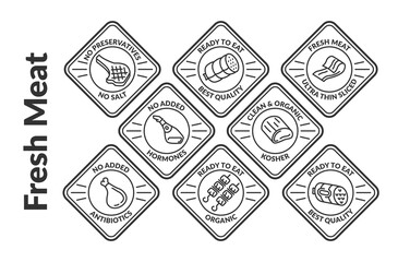 Fresh meat rhombus minimalist line emblem set vector organic food insignia package label