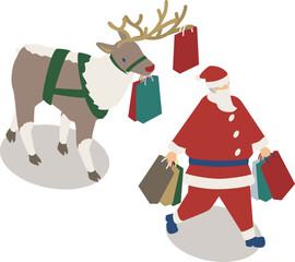 クリスマスのためにトナカイとプレゼントを買って回るサンタさん