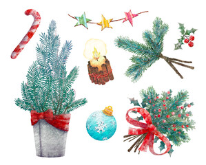 Christmas tree branch, set of fir spruce tree branches watercolor isolated illustration. Hand drawn painting of Christmas decoration. Candy cane, cinnamon sticks, candle, holly berries, star garland.