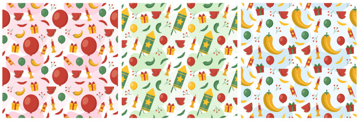 Set of Happy Kwanzaa Holiday African Seamless Pattern Design with Festival Style Element on Template Hand Drawn Cartoon Flat Illustration