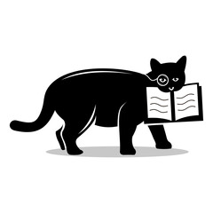 Cute fat cat logo silhouette researcher in glasses walking while biting a book
