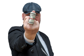 Fototapeta premium A man shows the middle finger with dollars.